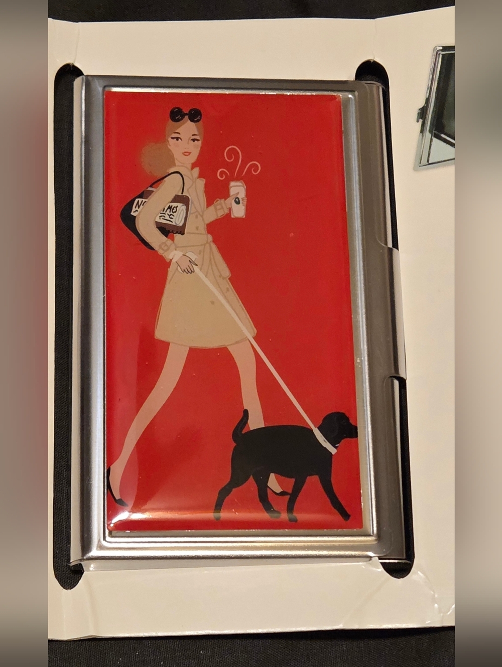 Vintage Style Metal Business Card Holder Lady Walking Dog/Mirror
